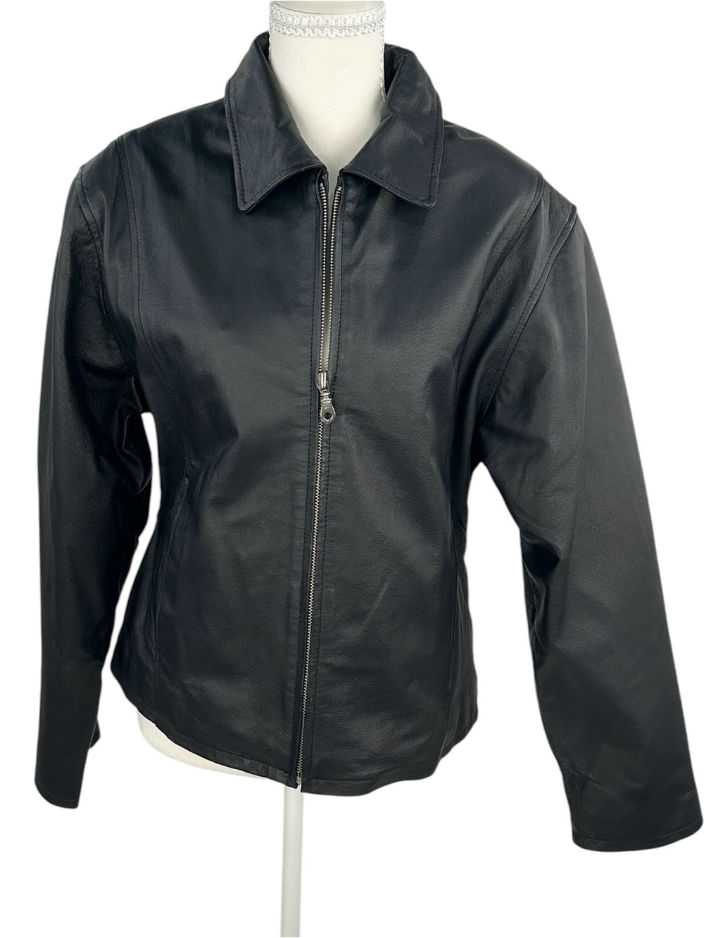 KC Collections Black Leather Jacket M Minimalist Zip Front Quiet Luxury
